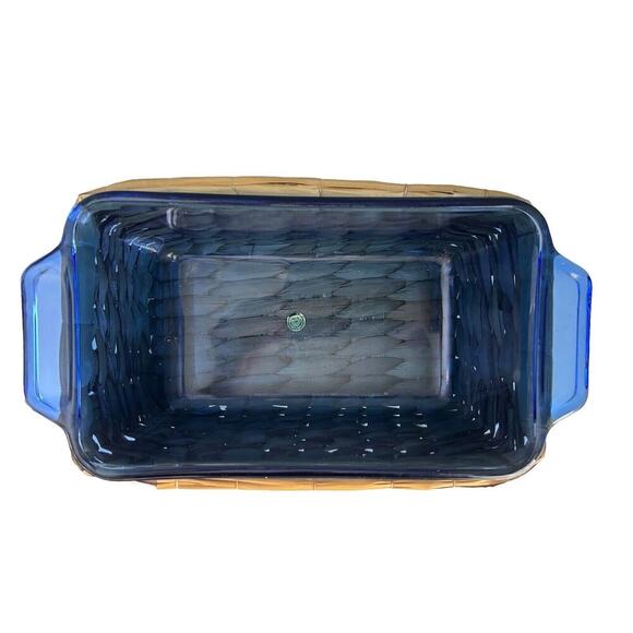 Cobalt Blue Anchor Hocking Loaf Dish 1.5 Qt Baking Pan w/ Woven Serving Basket - Picture 2 of 9